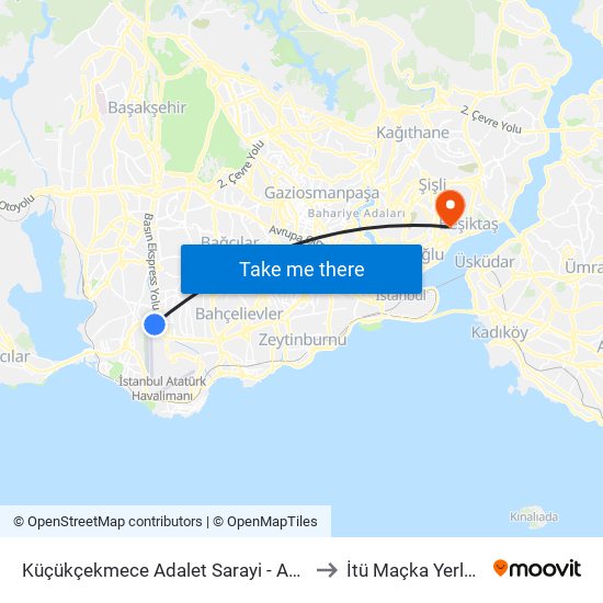 Küçükçekmece Adalet Sarayi - Avcilar Yönü to İtü Maçka Yerleşkesi map