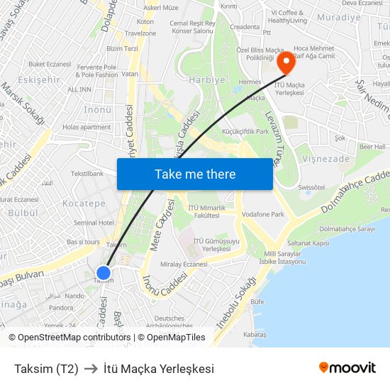 Taksim (T2) to İtü Maçka Yerleşkesi map