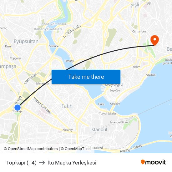 Topkapı (T4) to İtü Maçka Yerleşkesi map