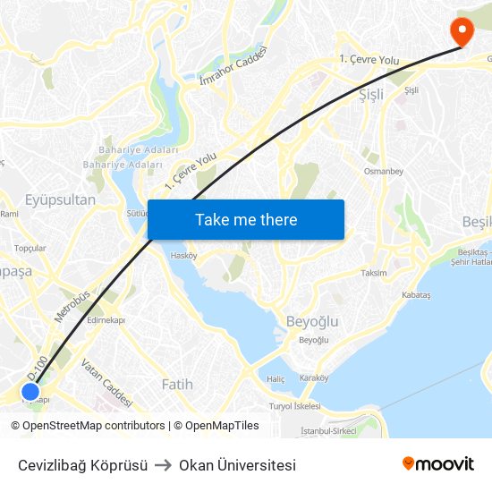 Cevizlibağ Köprüsü to Okan Üniversitesi map