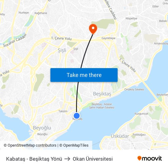 Kabataş - Beşiktaş Yönü to Okan Üniversitesi map