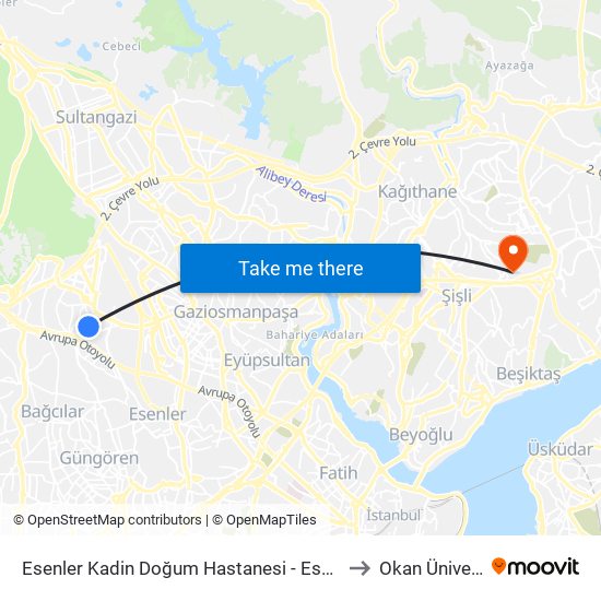 Esenler Kadin Doğum Hastanesi - Esenler Metro Yönü to Okan Üniversitesi map