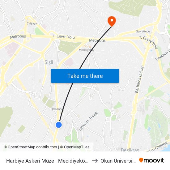 Harbiye Askeri Müze  - Mecidiyeköy Yönü to Okan Üniversitesi map