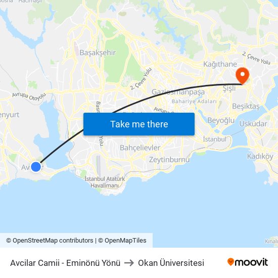 Avcilar Camii - Eminönü Yönü to Okan Üniversitesi map