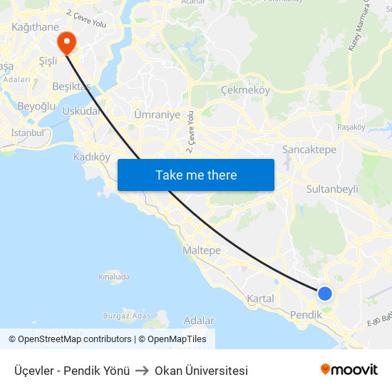 Üçevler - Pendik Yönü to Okan Üniversitesi map