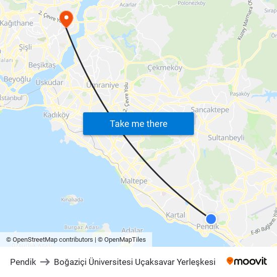 Pendik to Boğaziçi Üniversitesi Uçaksavar Yerleşkesi map