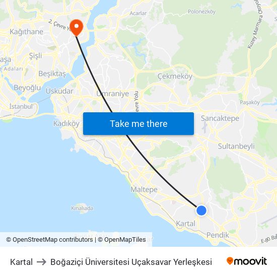 Kartal to Boğaziçi Üniversitesi Uçaksavar Yerleşkesi map