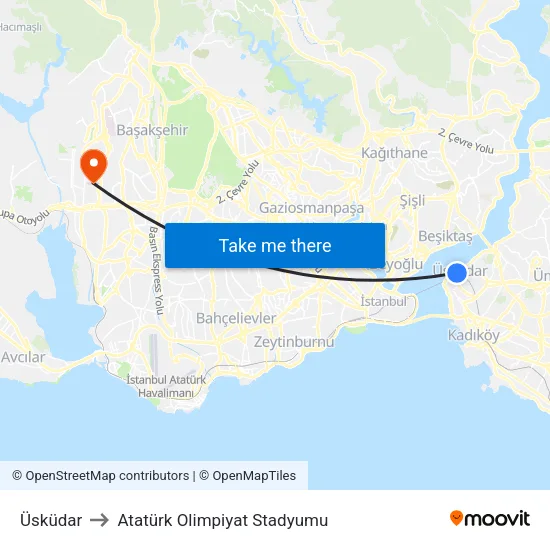 Üsküdar to Atatürk Olimpiyat Stadyumu map