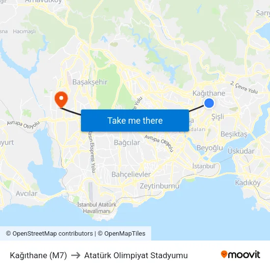 Kağıthane (M7) to Atatürk Olimpiyat Stadyumu map