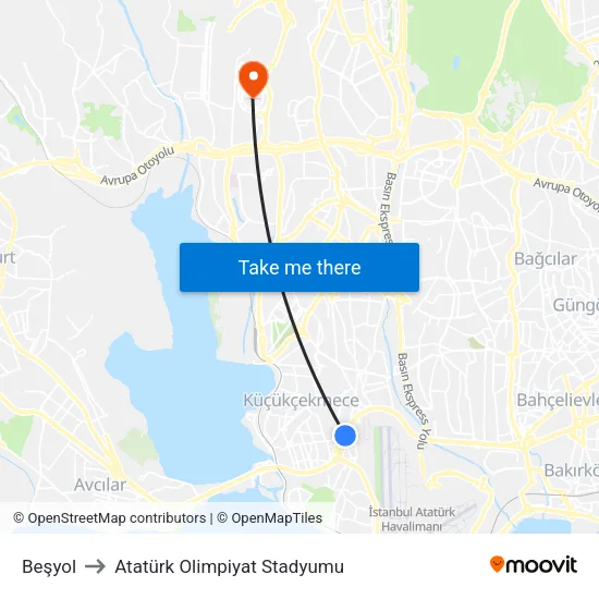 Beşyol to Atatürk Olimpiyat Stadyumu map