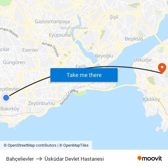 Bahçelievler to Üsküdar Devlet Hastanesi map