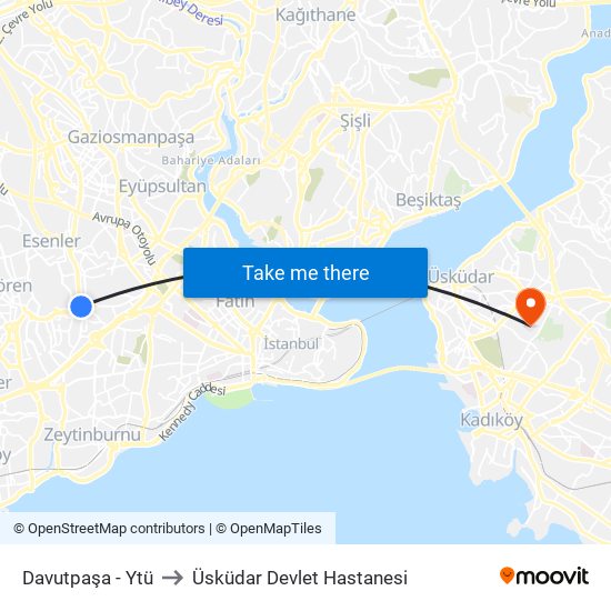 Davutpaşa - Ytü to Üsküdar Devlet Hastanesi map