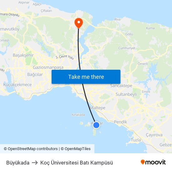 Büyükada to Koç Üniversitesi Batı Kampüsü map