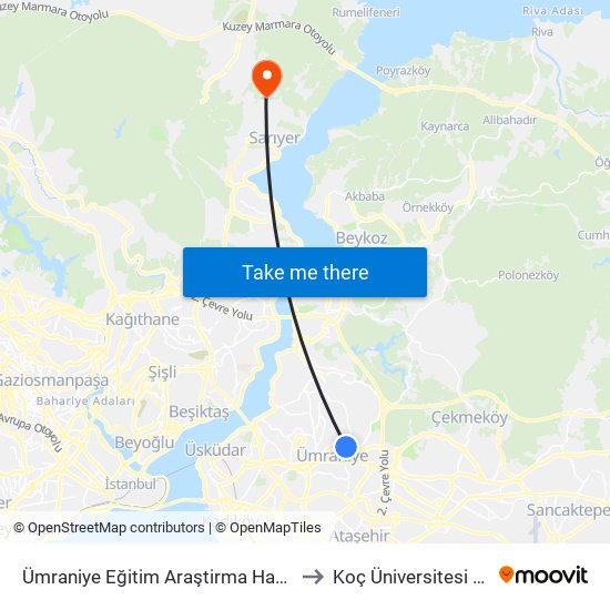 Ümraniye Eğitim Araştirma Hastanesi - Üsküdar Yönü to Koç Üniversitesi Batı Kampüsü map
