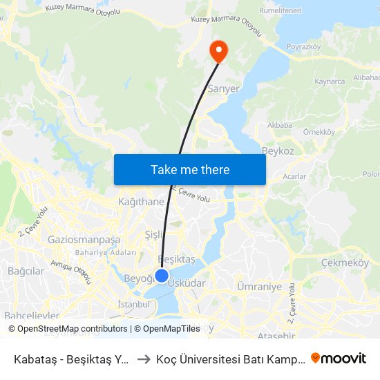 Kabataş - Beşiktaş Yönü to Koç Üniversitesi Batı Kampüsü map