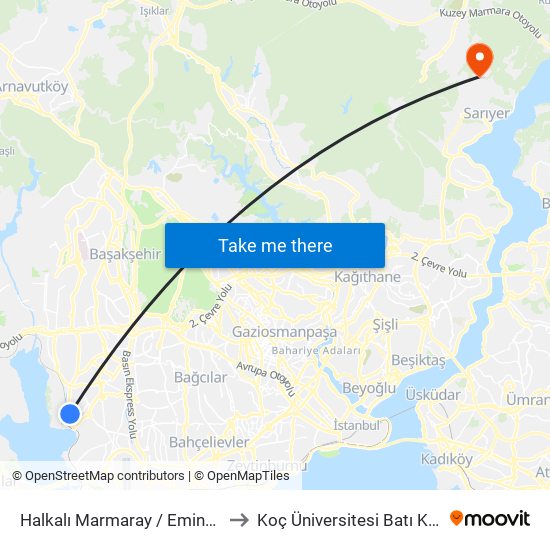 Halkalı Marmaray / Eminönü Yönü to Koç Üniversitesi Batı Kampüsü map