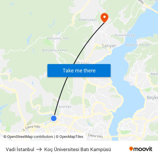 Vadi İstanbul to Koç Üniversitesi Batı Kampüsü map