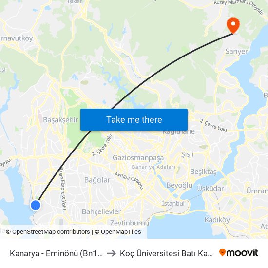 Kanarya - Eminönü (Bn1) Yönü to Koç Üniversitesi Batı Kampüsü map