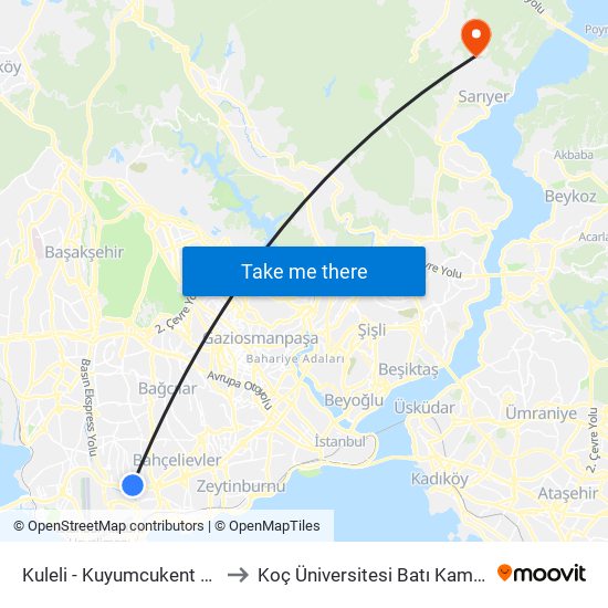Kuleli - Kuyumcukent Yönü to Koç Üniversitesi Batı Kampüsü map