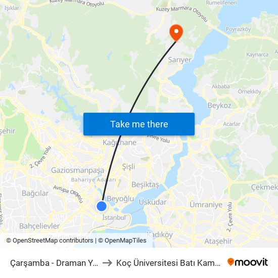 Çarşamba - Draman Yönü to Koç Üniversitesi Batı Kampüsü map