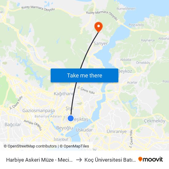 Harbiye Askeri Müze  - Mecidiyeköy Yönü to Koç Üniversitesi Batı Kampüsü map