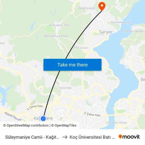 Süleymaniye Camii - Kağithane Yönü to Koç Üniversitesi Batı Kampüsü map