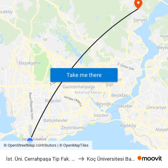 İstanbul Üviversitesi Cerrahpaşa Tip Fakültesi - Sondurak Yönü to Koç Üniversitesi Batı Kampüsü map
