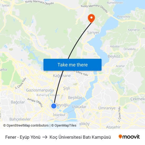 Fener - Eyüp Yönü to Koç Üniversitesi Batı Kampüsü map