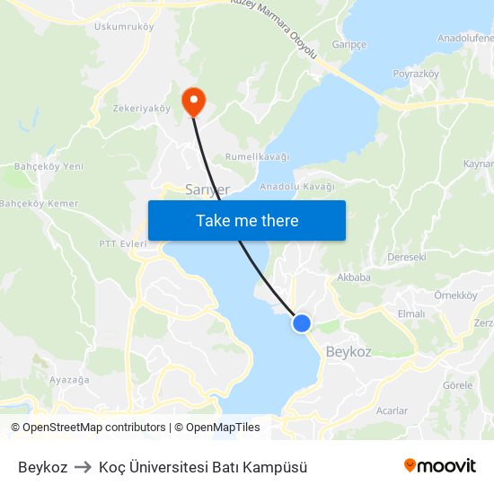 Beykoz to Koç Üniversitesi Batı Kampüsü map