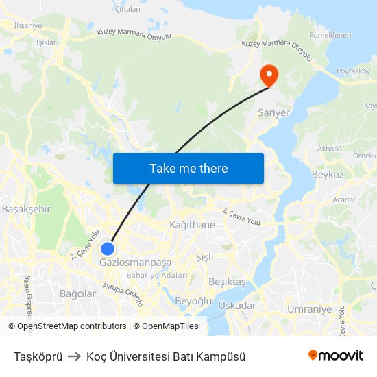 Taşköprü to Koç Üniversitesi Batı Kampüsü map