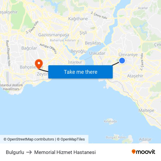 Bulgurlu to Memorial Hizmet Hastanesi map