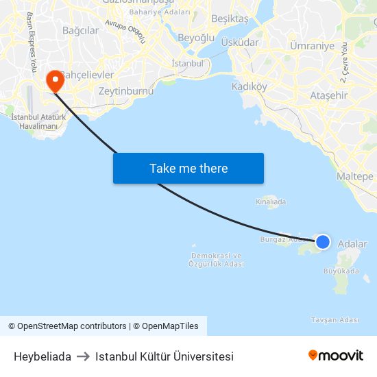 Heybeliada to Istanbul Kültür Üniversitesi map