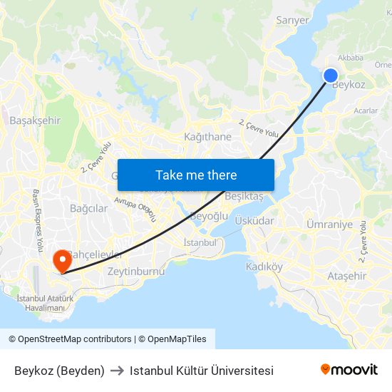 Beykoz (Beyden) to Istanbul Kültür Üniversitesi map