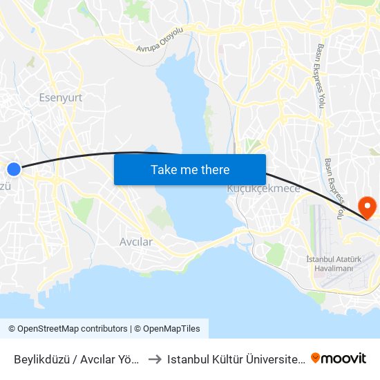 Beylikdüzü / Avcılar Yönü to Istanbul Kültür Üniversitesi map