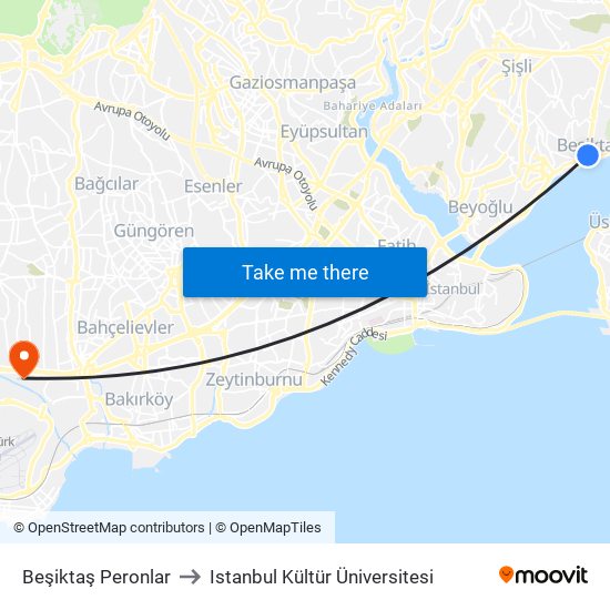 Beşiktaş Peronlar to Istanbul Kültür Üniversitesi map