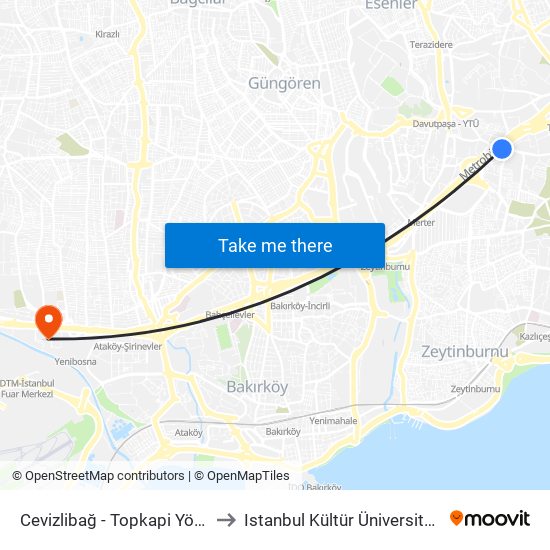 Cevizlibağ - Topkapi Yönü to Istanbul Kültür Üniversitesi map