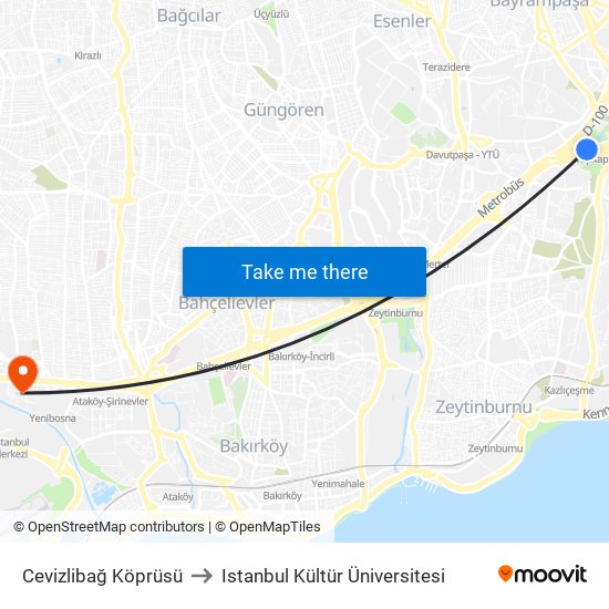 Cevizlibağ Köprüsü to Istanbul Kültür Üniversitesi map