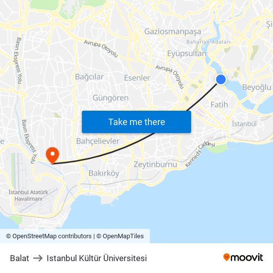 Balat to Istanbul Kültür Üniversitesi map