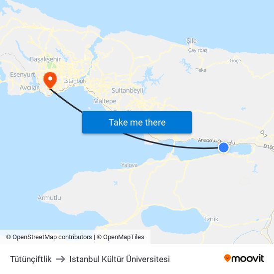Tütünçiftlik to Istanbul Kültür Üniversitesi map