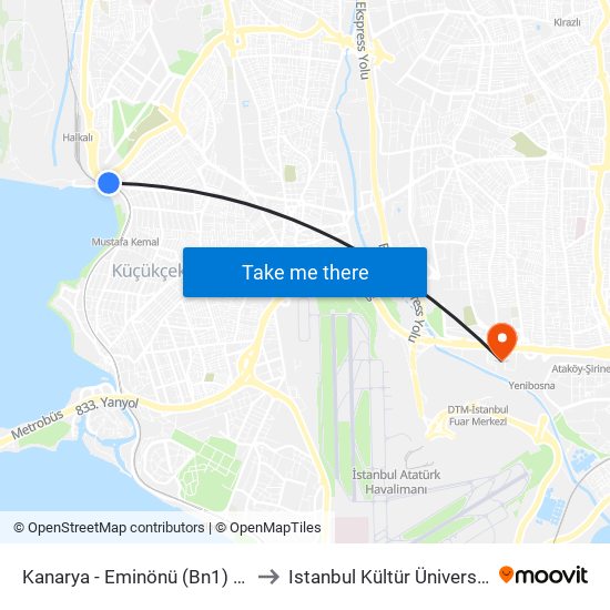 Kanarya - Eminönü (Bn1) Yönü to Istanbul Kültür Üniversitesi map