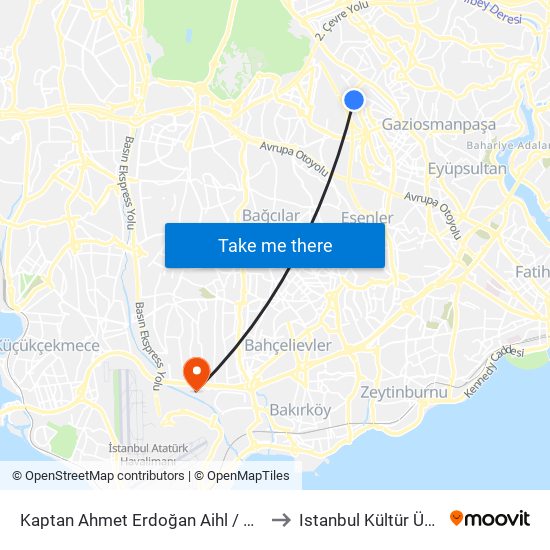 Kaptan Ahmet Erdoğan Aihl / Cevatpaşa Yönü to Istanbul Kültür Üniversitesi map