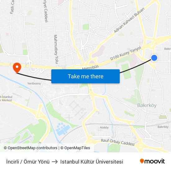 İncirli / Ömür Yönü to Istanbul Kültür Üniversitesi map