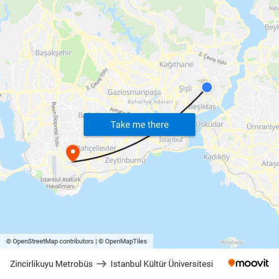Zincirlikuyu Metrobüs to Istanbul Kültür Üniversitesi map