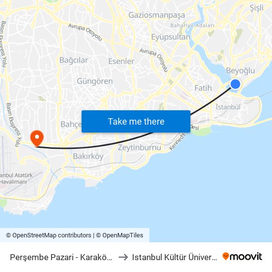 Perşembe Pazari - Karaköy Yönü to Istanbul Kültür Üniversitesi map