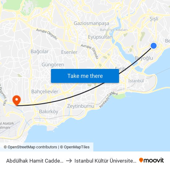 Abdülhak Hamit Caddesi to Istanbul Kültür Üniversitesi map