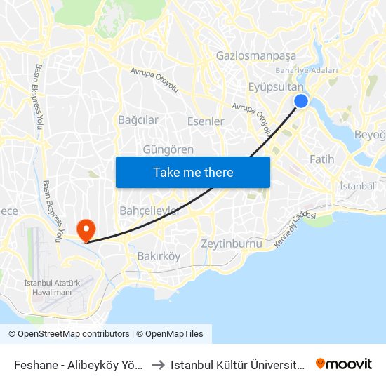 Feshane - Alibeyköy Yönü to Istanbul Kültür Üniversitesi map