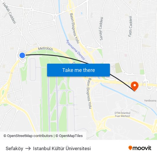 Sefaköy to Istanbul Kültür Üniversitesi map