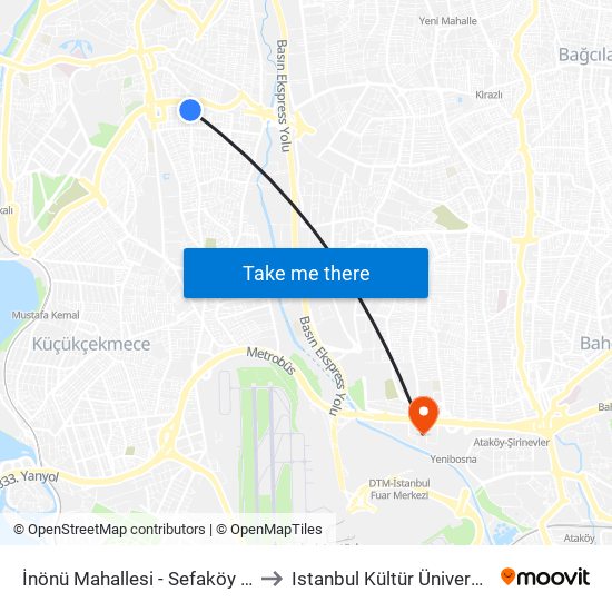 İnönü Mahallesi - Sefaköy Yönü to Istanbul Kültür Üniversitesi map