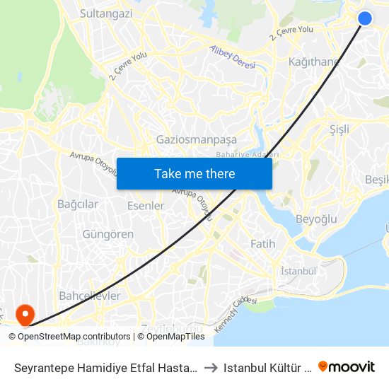 Seyrantepe Hamidiye Etfal Hastanesi - Seyrantepe Yönü to Istanbul Kültür Üniversitesi map