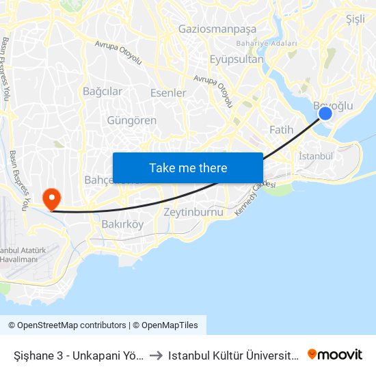 Şişhane 3 - Unkapani Yönü to Istanbul Kültür Üniversitesi map